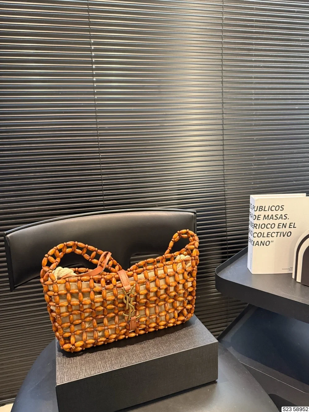 Saint Laurent Woven Bead Shoulder Tote in Cognac